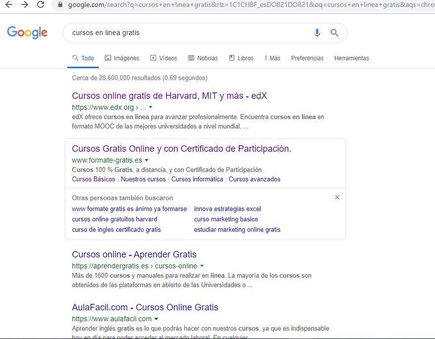 Resultado Google cursos en línea gratis